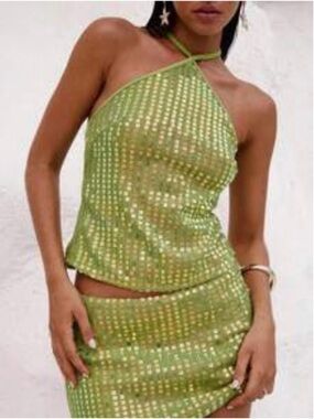 Women Sequin Two Piece Skirt Sets Halter Neck Backless Tie Up Top